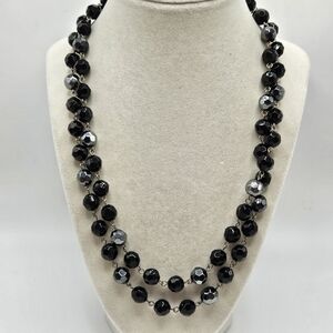 VINTAGE Faceted Black & Silver Glass Beaded 42" Long Strand Necklace